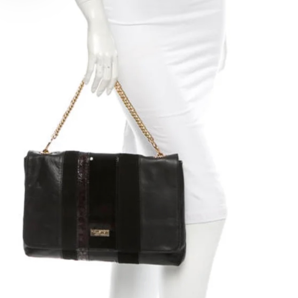 EUC Halston Heritage Black Leather suede shoulder  crossbody gold chain - Picture 15 of 17